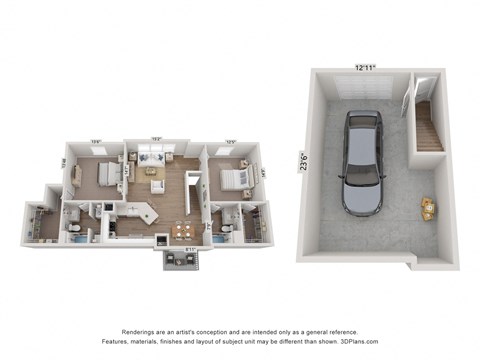 a 3d floor plan of a 1 bedroom apartment